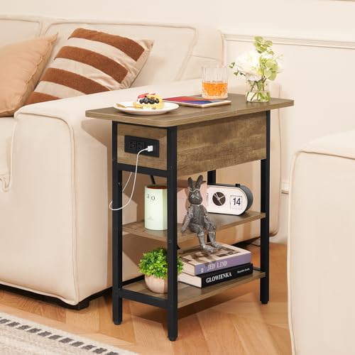 Image of Yoobure End Table with Charging Station, Flip Top Side Table with USB Ports and Outlets, Sofa Couch Table Bedside Table for Living Room Bedroom, Narrow Nightstand with Storage Shelves for Small Space