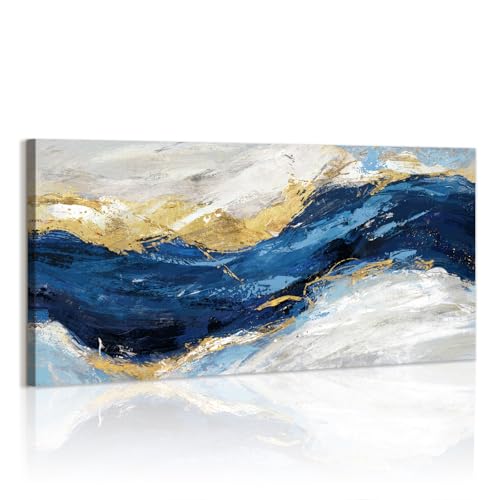 WENGTIAO Abstracto Azul Marino Lienzo Cuadro Enmarcado Grande Minimalista Azul Ola de Mar Oro Gris Pintura Sobre Lienzos Cuadros Decoracion Salon Modernos Dormitorios Decorativos Pared Casa 120x50 cm