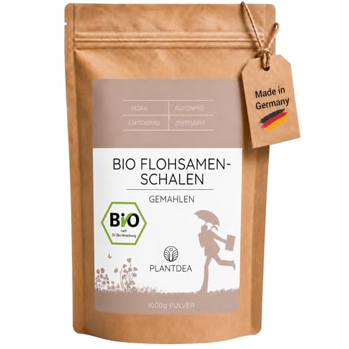 PlantDEA, Cáscaras de semillas de psyllium orgánicas en polvo (1000 g), trituradas gruesas, ricas en fibra, vegano, probado en laboratorio