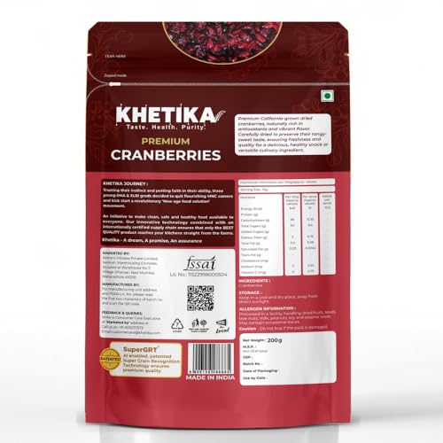 Image of KHETIKA Naturale Cranberries|High Antioxidants|No Added Preservatives|Gluten Free|200 Gm,Fresh (Pack of 2)