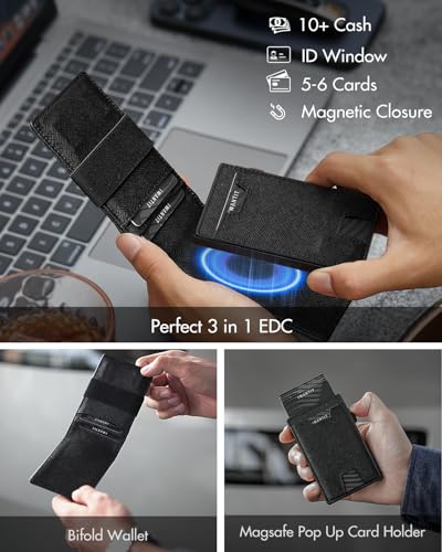 Image of iwantit 3 in 1 Magsafe Wallet Men: Bifold Wallet + Magnetic Wallet for iPhone - Detachable Cash Strap, Smart Pop Up Card Holder, ID Window, Premium Leather (Cross Grain Black)
