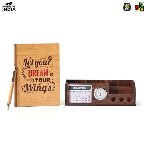 Image of Gift Kya De Desk Organizer with Wooden Diary, Bamboo Pen, 2026 Calendar, Clock, and 4 Compartments - Elegant Wooden Table Organizer for Office and Home Use (Combo 1)