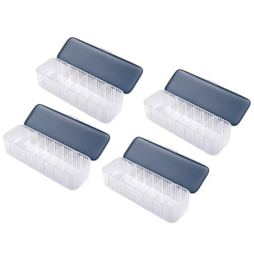 Yesesion 4 Pack Plastic Cord Organizer Box with Lid and 20 Wire Ties, Clear Phone Charger Storage Case with 8 Compartments, Data Cable Management Bins for Office, Desk Drawer, Home (Blue)