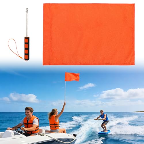 Orange Boat Flag with Telescoping Flag Pole - 12x18 Stable Water Ski Flags 47 Adjustable Handheld Flagpole with Comfortable Foam Grip Boat Safety Equipment Accessories for Watersports Kayak