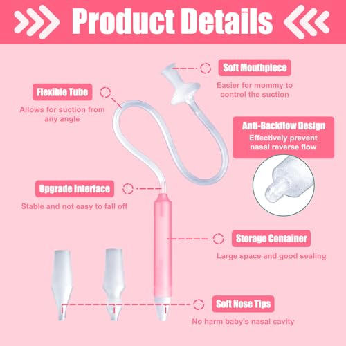 Image of Nasal Aspirator for Baby, Nasal Congestion Relief Nose Cleaner with 2 Silicone Tips 25 Hygiene Filter for Babies Infants Toddlers Boys Girls (Pink)