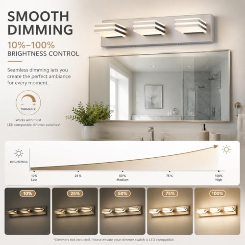 Image of 3-Light Brushed Nickel Vanity Light for Bathroom, 20 Inch 24W 5CCT Dimmable LED Fixture with Clear Acrylic Shade, Hardwired Modern Wall Light Over Mirror for Guest Bath