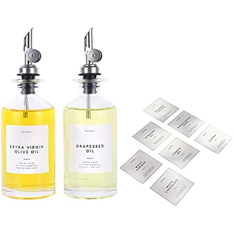 Molimoli Oil and Vinegar Dispenser with Metal Pour Spout, Weighted Pourer, Glass Dispenser for Kitchen 350ml Silver| Kitchen Labels, Organization Labels Set Including Oil Labels for Bottles Cover