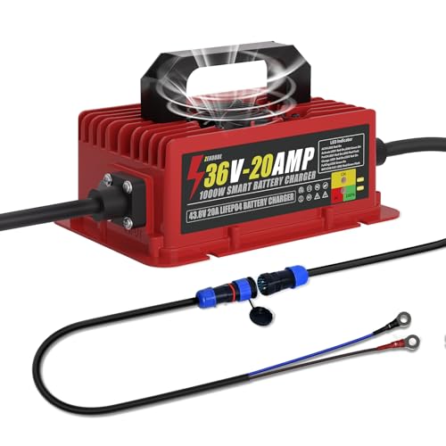 36V Lithium Battery Charger,1000W 43.8V 20A LiFePO4 Battery Charger for Golf Cart/Forklift | IP67 Waterproof 16FT Cable | Fan Cooling & Aluminum Housing | Floor Scrubber, Lift,RV,Boat,Etc