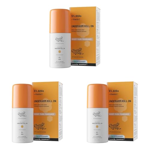Image of Chemist At Play UnderArm Roll On Deodorant with 5% AHA, Lactic Acid & 1% Mandelic Acid|Prevents Body Odour, Fades Pigmentation & Kills Bacteria|0% Aluminium & 0% Alcohol|Woody Musk Fragrance| 40ml x 3