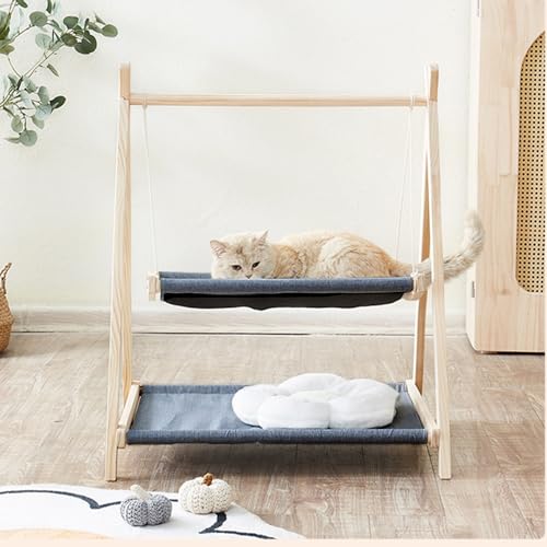XUDREZ 猫用ベッド 木製 ハンモック 1/2段 猫ベッド ハンモック 天然木 頑丈 組立簡単 通年 可愛い 猫ハンモック ペットベッド 自立式 休憩 日光浴 (2段 71*57*86,ダークブルー)