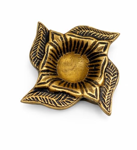 Image of Pure Solid Brass Diya for Pooja (100g) | Small Oil Lamp for Mandir | Antique Gold Floral Diya | Diwali Decoration, Home Temple Decor, Traditional Puja Deepam, Return Gift Item