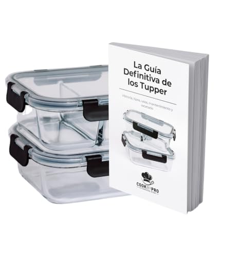 Cookbypro Set Tuppers de Cristal Herméticos + Ebook de Recetas. 1 Tupper de Cristal Compartimentado 1200ml + 1 Taper de Vidrio 1200ml + Ebook con más de 50 Recetas para Tuppers