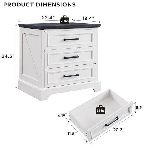 Image of ACCOHOHO Farmhouse Nightstand with Charging Station, 22 Inch Wide End Table with 3 Large Drawers & Bar Handles, Rustic Wood Small Dresser Chest of Drawers for Bedroom, Living Room, Closet, Off White