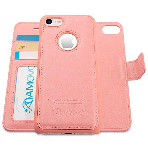 AMOVO Case for iPhone 7 [2 in 1], iPhone 7 Wallet Case [Detachable Wallet Folio] [Premium Vegan Leather] iPhone 8 Wallet Case (iPhone 7&8 (4.7") Coralpink)