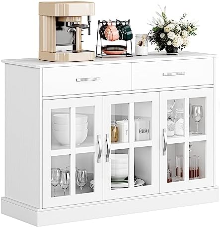 FOTOSOK Sideboard Buffet Cabinet with Glass Doors, Buffet Sideboard Kitchen Sideboard Cabinet Buffet Table with 2 Storage Drawers & Shelves for Dining Living Room, White