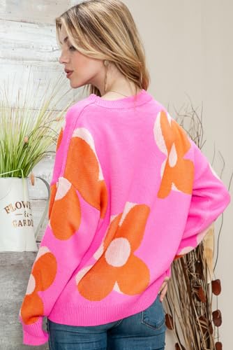 Image of Women's Long Sleeve Crewneck Floral Sweater Fall Casual Cute Oversized Knitted Pullover Jumper Top
