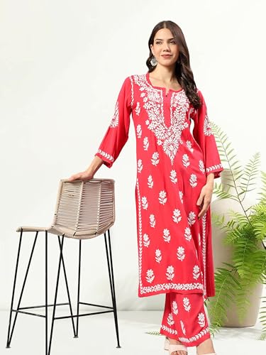 Image of Seva Chikan Hand Embroidered Lucknowi Chikankari Rayon Kurta and Palazzo Set SCL8037