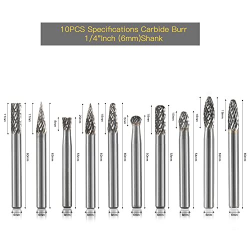 Image of HIDOTOL Carbide Burr Set 10PC 1 /4 inch Shank - 6mm Tungsten Double Cut Carbide Rotary Burr Set for Metal and Wood Carving, Grinding, Polishing, Engraving, Drilling.