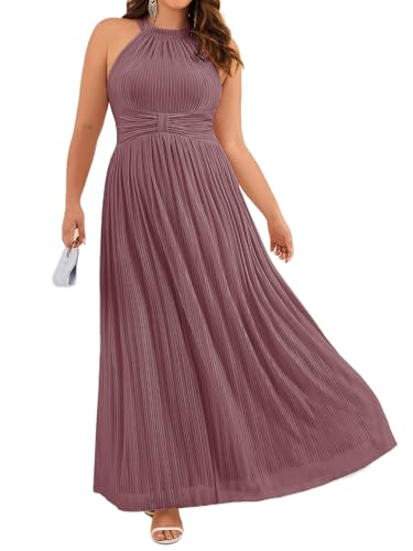 Image of Ever-Pretty Plus Women's Floor Length A-Line Halter Sleeveless Pleated Glitter Plus Size Formal Dress Evening Gown