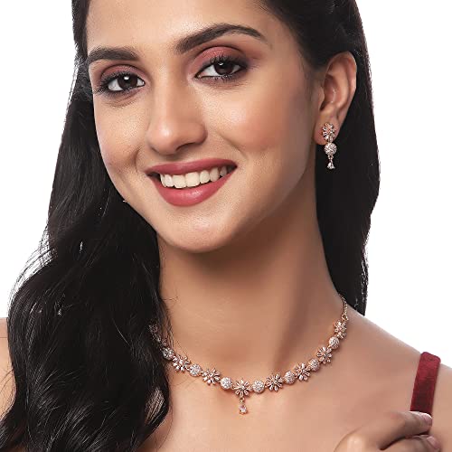 ZENEME Rhodium Plated Silver Toned White American Diamond Studded Necklace With Earring Jewellery Set For Woment and Girl - Image 3