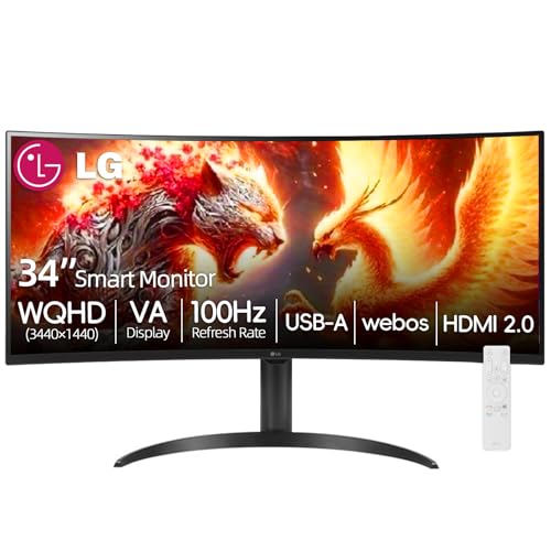 Image of LG 34 inch WQHD (3440x1440) Curved Smart Monitor, 100Hz, HDR10, 99% sRGB, webOS 23, Screen Share, AirPlay 2, Flicker free, Includes Wireless Screen Mirroring, HDMI, USB-A,Bluetooth, Tilt /Height Adjustment