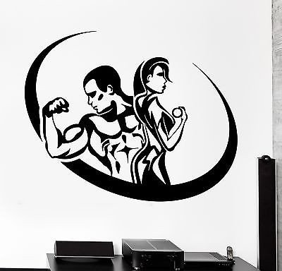 Wall Sticker Sport Fitness Bodybuilding Man and Woman Gym Vinyl Decal (z3067) Dark Blue