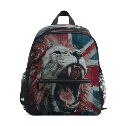 panksolu British Flag with Fierce Lion Toddler Backpack for Boys Girls,Kid Backpack with Chest Clip and Name Tag, S