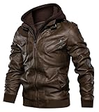 Uusollecy Lederjacke Herren, Abnehmbare Kapuze Kunstleder Jacket, Mit Kapuze Braun XL