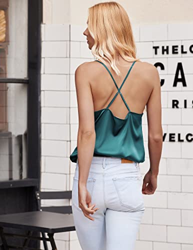 Ekouaer Womens Silk Satin Camisole, Cowl Neck Tank Tops, Soft Spaghetti Strap Loose Shirt Blouse, A-Green, Small, Sleeveless #TOP1