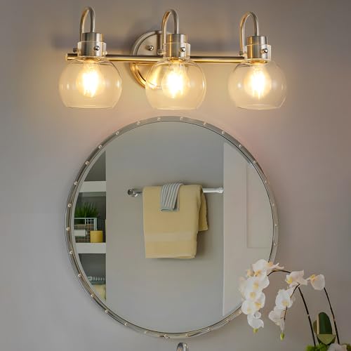 Image of 3 Lights Vanity Light, Brushed Nickel Bathroom Light Fixtures, Farmhouse Wall Sconces with Globe Clear Glass Shade, Porch Wall Mount Lamp for Mirror, Kitchen, Porch, Living Room, Workshop (E26 Base)