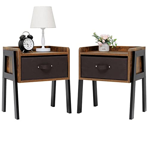 Iwell Nightstand Set Of 2 With Drawer, Side Table With Wood Legs, Bedside Table For Bedroom, Rustic Brown #TOP5