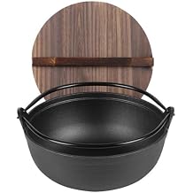 Japanese Cast Iron Sukiyaki Pan Camping Iron Pot with Wooden Lid and Dual Handle Shabu Shabu Hotpot Nabe Nonstick Stockpot Outdoor Saucepan Induction Cookware,29cm/11.4inch