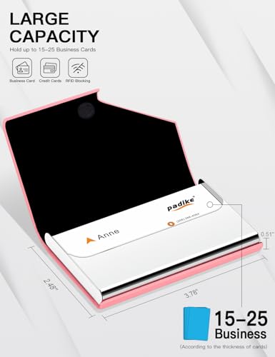 Image of Padike Business Card Holder, PU Leather & Stainless Steel Multi Card Case for Men & Women, Name Card Holder, Credit Card Wallet, ID Case /Holder with Magnetic Closure (Pink)