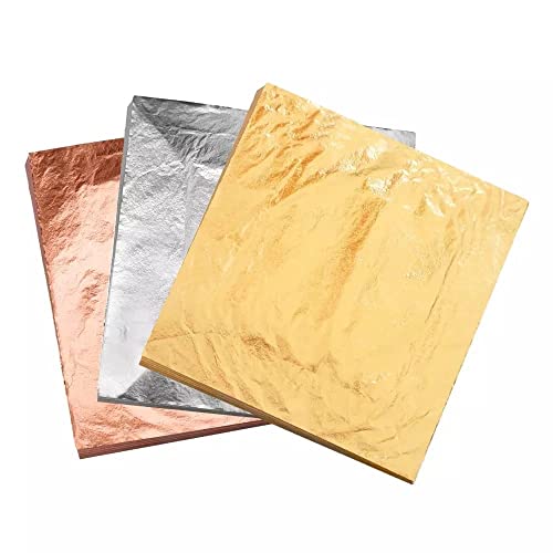 Image of GSWC 300Pc Metallic Gold Silver Copper Foils Clarity Foils Sheets Gliding Foils Imitation Foils For Diye,Fram,Art & Craft,Furniture Decoration Etc (Gold+Silver+Copper 100 Each) 8X8 Cm