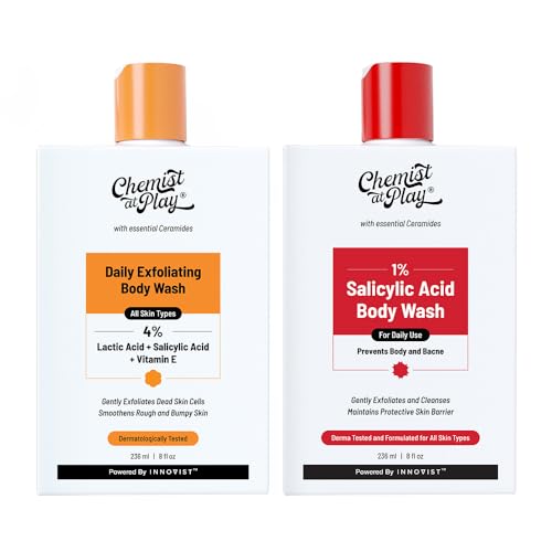 Image of Chemist At Play Exfoliating Body Wash (236ml) + Acne Control Body Wash (236ml) | With Lactic Acid, Salicylic Acid, Pentavitin, Ceramides & Vitamin E | For Bacne & Rough Skin