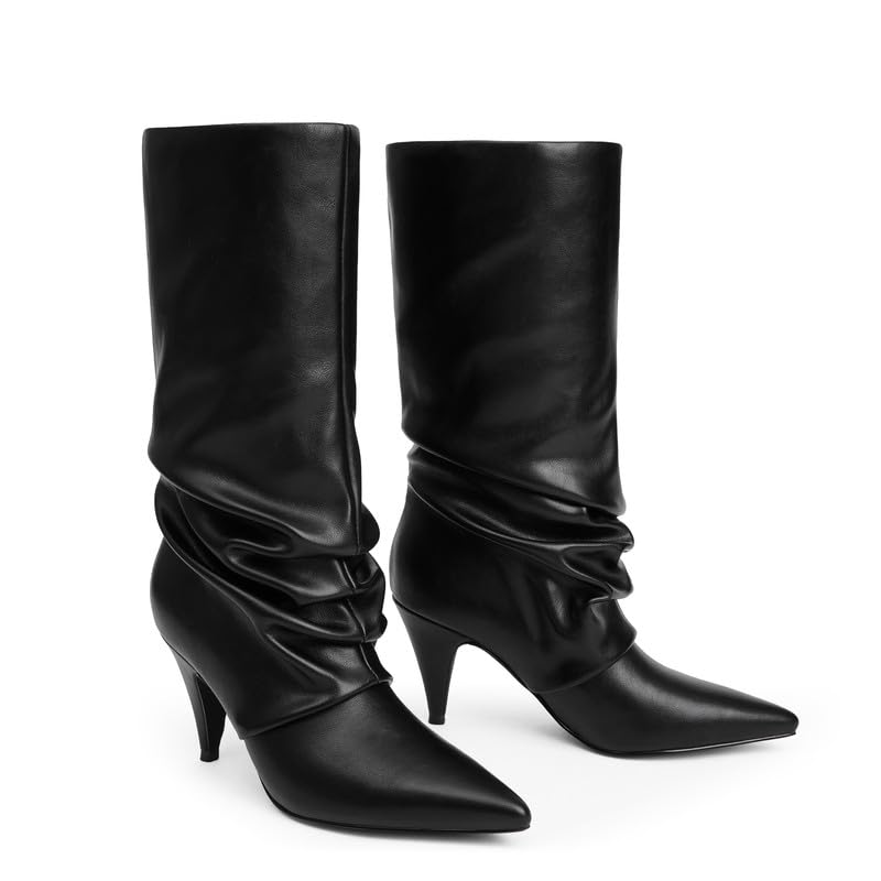 Modatope Slouchy Mid Calf Boots for Women Pointed Toe Chunky Heel Boots Faux Flod Over Slip on Womens Boots3