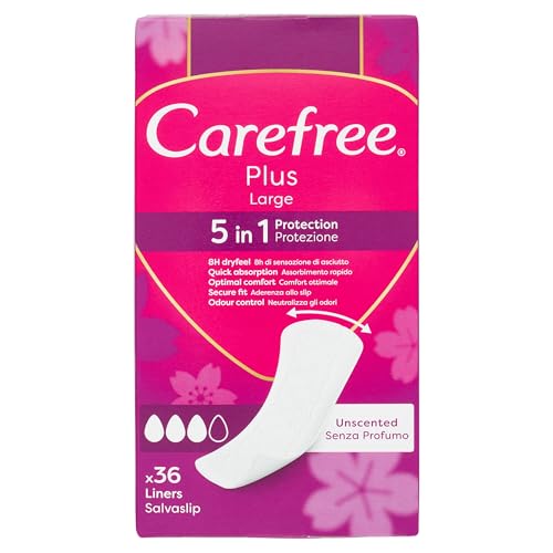 Carefree Salvaslips Plus Large sin perfume, Salva slip mujer extra ancho con protección 5 en 1 para 8 h de sensación de seco, absorbentes sin perfume ultrafinos para uso diario, 36 compresas