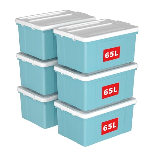 Cetomo 65L*6 Caja de Almacenamiento con Ruedas, Caja de Plástico con Tapa y Cierre Seguro, Contenedor de Almacenamiento Grande, Duradera, Apilable, Resistentes, Azul, Paquete de 6 de 65L