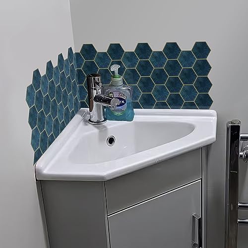 Image of WallDesign Teal Blue Hexagon Tile Sticker - 2ft x 9.75 inch Waterproof Easy Clean Durable Vinyl Decorative Film for Kitchen Counter, Washbasin, Table, Wall, Cupboard-Self-Adhesive