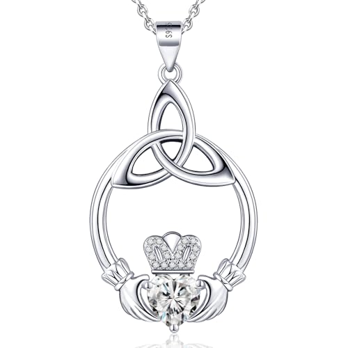 ETERMBOL Birthstone Necklaces for Women 925 Sterling Silver Irish Claddagh Necklace for Women April Heart Birthstone Pendant Necklace Anniversary Birthday Gifts for Wife Lady