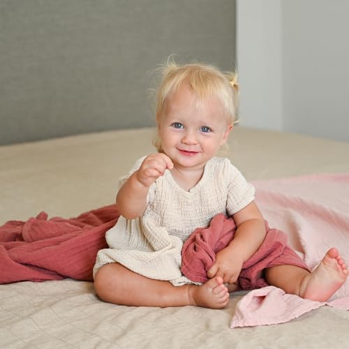 Image of POMISO Muslin Swaddle Blankets for Boys & Girls, Newborn Receiving Blankets, 4 Pack Soft Breathable Baby Swaddles, Large 47x47 Inches, Red Berries & Earthy Colors