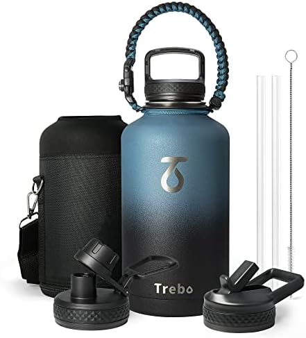 Trebo Water Bottle 64oz with Paracord Handle, Half Gallon Food-grade Double Wall Vacuum Stainless Steel Insulated Jug with Straw Spout Handle Lids, Leakproof Keep Cold & Hot, Ombre: Indigo/Black