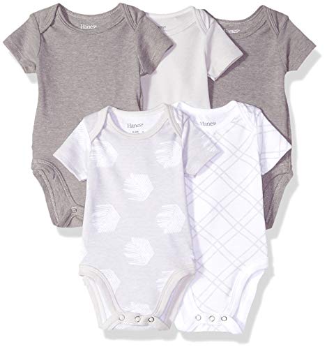Hanes Ultimate Baby Flexy 5 Pack Short Sleeve Bodysuits, Grey Fun, 0-6 Months