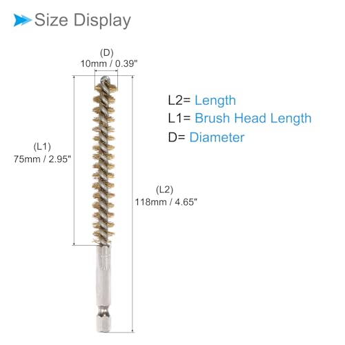 Image of Bore Brush, 10mm Dia 75mm Length, Brass Twisted Cleaning Wire Brushes with 1 /4 inch Hex Shank - (Applications: for Power Drill), 2-Pieces