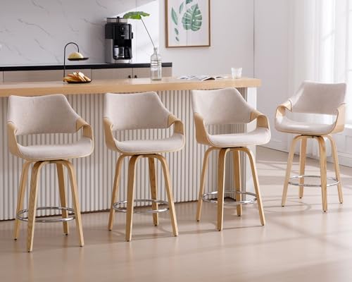 26’’ Modern Barrel Swivel Counter Stools Counter Height Swivel Bar Stools with Backs Set of 4, Beige Chenille Upholstered Bar Height Island Chairs, Farmhouse Solid Wood Barstools for Kitchen Island