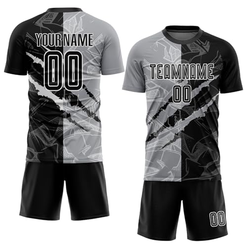 Customize Mens Boys Graffiti Soccer Jerseys Personalized Gray Black Practice Shirts Shorts for Running Cycling Jogging Tennis Hiking Beach Sports Design Your Team Uniforms with Printed Name Number