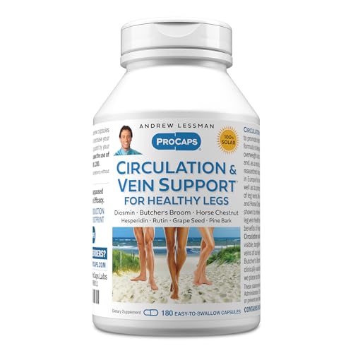 ANDREW LESSMAN Circulation Vein Support for Healthy Legs 180 Capsules - High Bioactivity Diosmin Butchers Broom Visibly Reduces Swelling and Discomfort in Feet Ankles Calves Legs