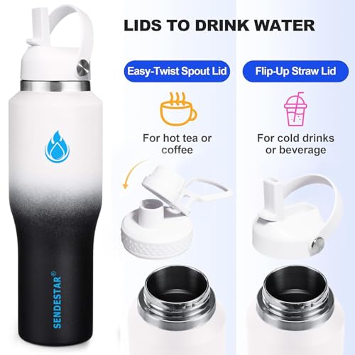 Image of SENDESTAR SENDESTAR 40oz Stainless Steel Water Bottle(Cold for 48 Hrs, Hot for 24 Hrs),Double Wall Vacuum Insulated Bottle with Straw Lid, Spout Lid and Flex Cap, Fit in Any Car Cup Holder