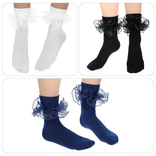 3 pairs Women Big Ruffle Ankle Socks, Double Lace with Bows Turn Cuff Cotton Frilly Dress Socks Cute Cotton Lace Frilly Sock for Ladies4