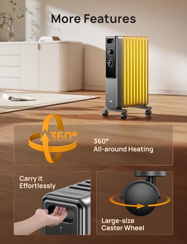 Dreo 9 Fins Oil Filled Radiator Heater, 2000W Silent Electric Heaters for Bedroom, Free Standing, Overheat & Tip-Over Protection, Adjustable Thermostat, Child Lock, Dual Knobs, Energy Saving, Quiet